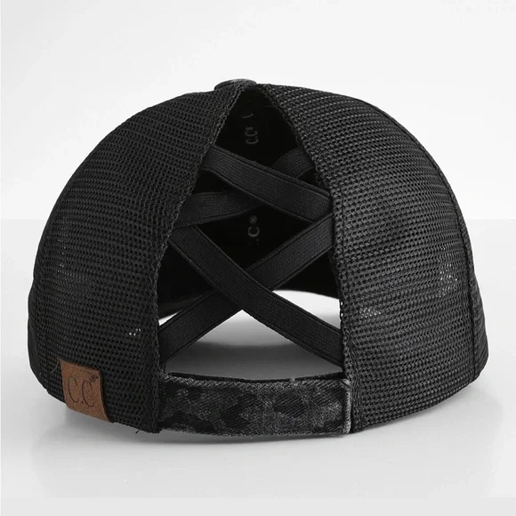 NWOT CC HAT PONY TAIL CRISS CROSS GRAY LEOPARD CHEETAH PRINT BASEBALL CAP BLACK - Picture 7 of 9